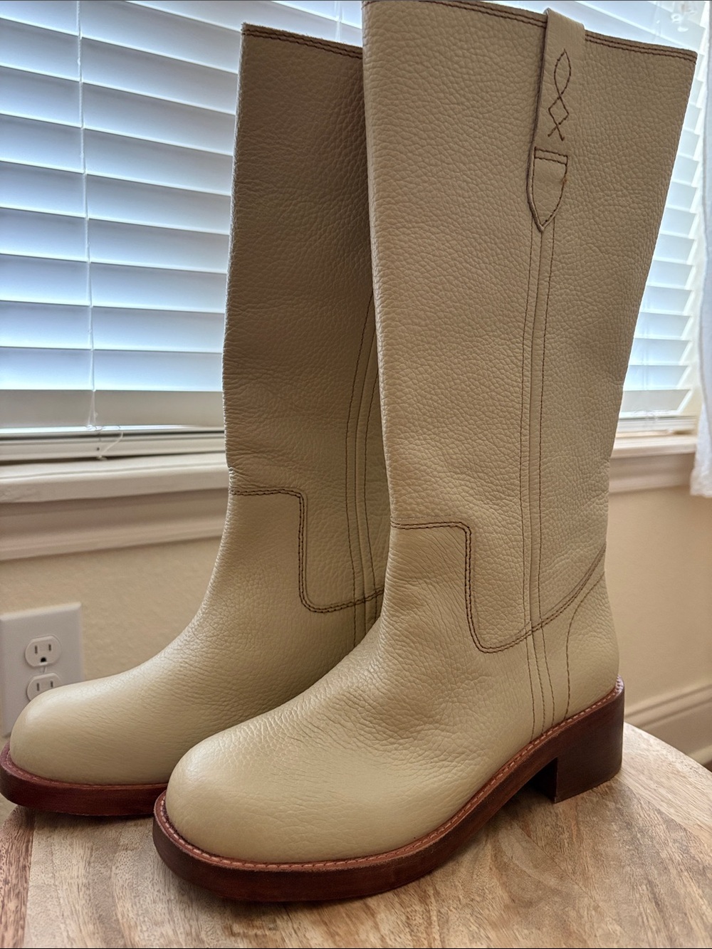 Free People Cream Leather Knee-High Heeled Western Boots NWOT